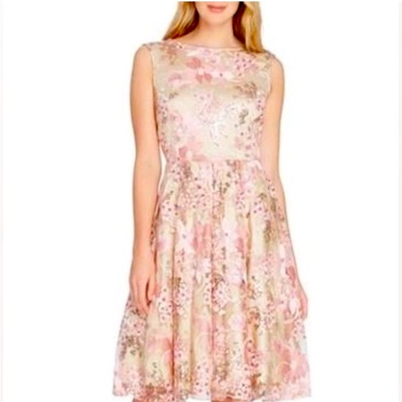 Tahari A-line Formal Dress with blush floral appliqués. Size 14 - Picture 1 of 8
